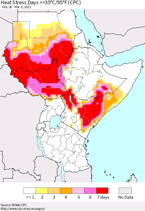 Eastern Africa Heat Stress Days >=35°C/95°F (CPC) Thematic Map For 2/28/2022 - 3/6/2022
