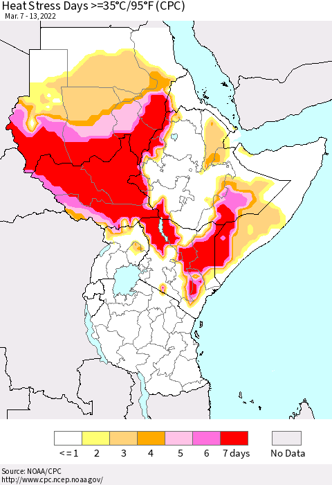 Eastern Africa Heat Stress Days >=35°C/95°F (CPC) Thematic Map For 3/7/2022 - 3/13/2022
