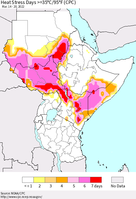 Eastern Africa Heat Stress Days >=35°C/95°F (CPC) Thematic Map For 3/14/2022 - 3/20/2022