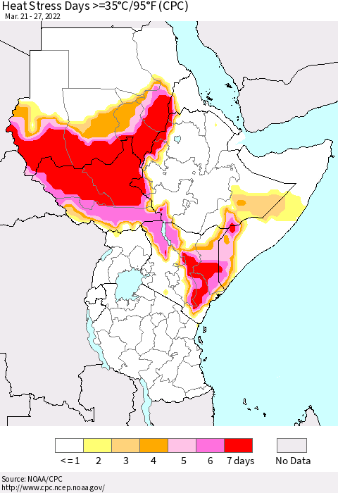 Eastern Africa Heat Stress Days >=35°C/95°F (CPC) Thematic Map For 3/21/2022 - 3/27/2022