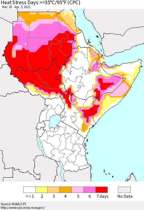 Eastern Africa Heat Stress Days >=35°C/95°F (CPC) Thematic Map For 3/28/2022 - 4/3/2022