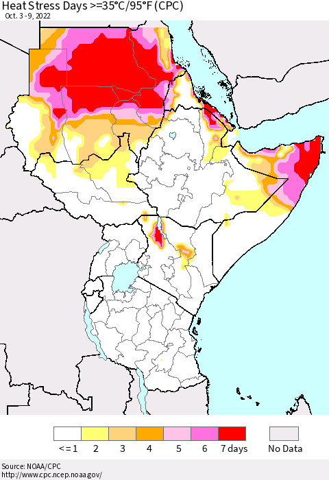Eastern Africa Heat Stress Days >=35°C/95°F (CPC) Thematic Map For 10/3/2022 - 10/9/2022