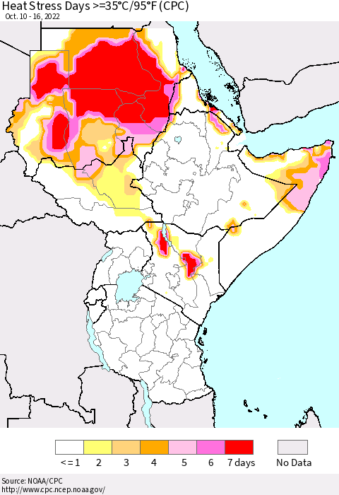 Eastern Africa Heat Stress Days >=35°C/95°F (CPC) Thematic Map For 10/10/2022 - 10/16/2022