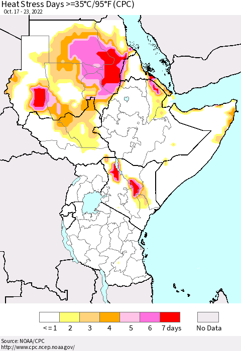 Eastern Africa Heat Stress Days >=35°C/95°F (CPC) Thematic Map For 10/17/2022 - 10/23/2022