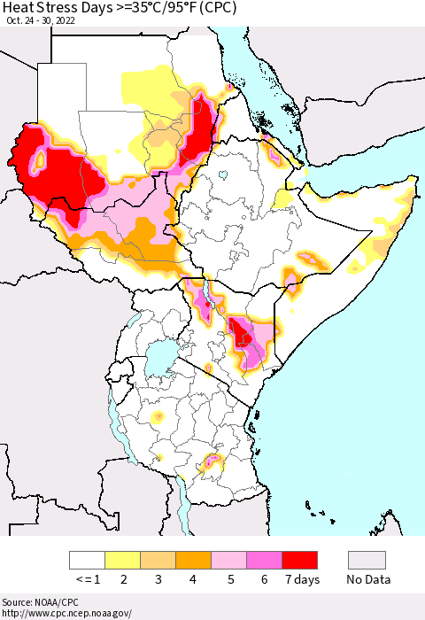 Eastern Africa Heat Stress Days >=35°C/95°F (CPC) Thematic Map For 10/24/2022 - 10/30/2022