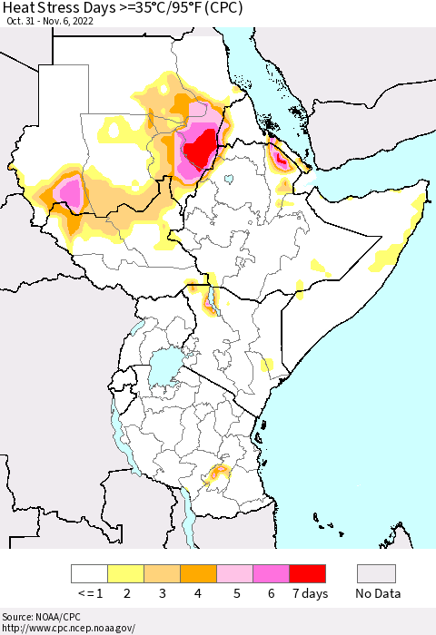 Eastern Africa Heat Stress Days >=35°C/95°F (CPC) Thematic Map For 10/31/2022 - 11/6/2022