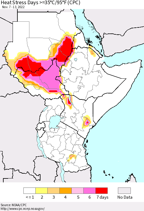Eastern Africa Heat Stress Days >=35°C/95°F (CPC) Thematic Map For 11/7/2022 - 11/13/2022