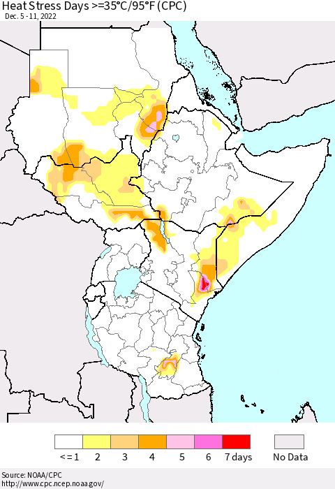 Eastern Africa Heat Stress Days >=35°C/95°F (CPC) Thematic Map For 12/5/2022 - 12/11/2022