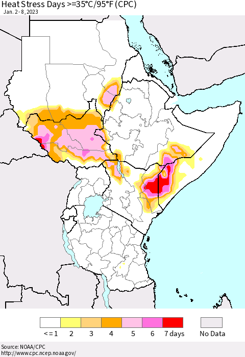 Eastern Africa Heat Stress Days >=35°C/95°F (CPC) Thematic Map For 1/2/2023 - 1/8/2023