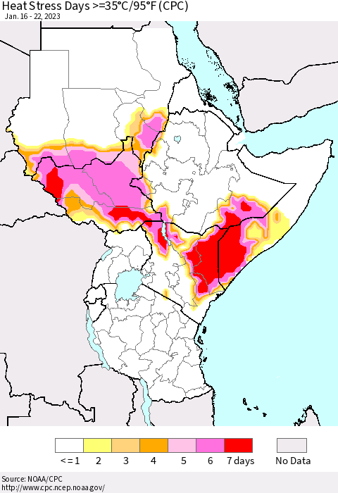 Eastern Africa Heat Stress Days >=35°C/95°F (CPC) Thematic Map For 1/16/2023 - 1/22/2023