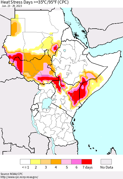 Eastern Africa Heat Stress Days >=35°C/95°F (CPC) Thematic Map For 1/23/2023 - 1/29/2023