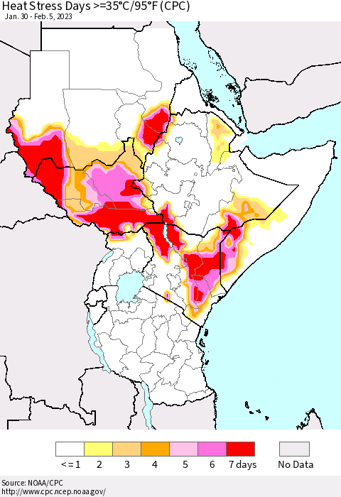 Eastern Africa Heat Stress Days >=35°C/95°F (CPC) Thematic Map For 1/30/2023 - 2/5/2023