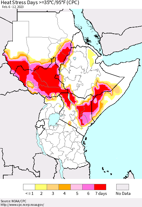 Eastern Africa Heat Stress Days >=35°C/95°F (CPC) Thematic Map For 2/6/2023 - 2/12/2023
