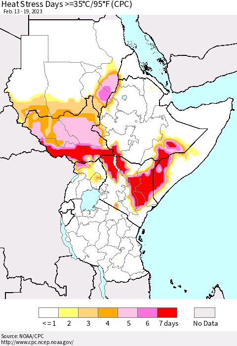 Eastern Africa Heat Stress Days >=35°C/95°F (CPC) Thematic Map For 2/13/2023 - 2/19/2023