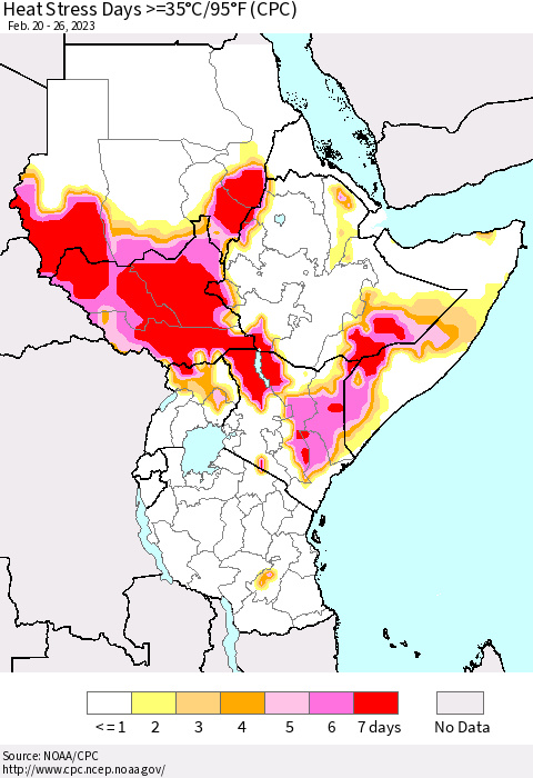 Eastern Africa Heat Stress Days >=35°C/95°F (CPC) Thematic Map For 2/20/2023 - 2/26/2023