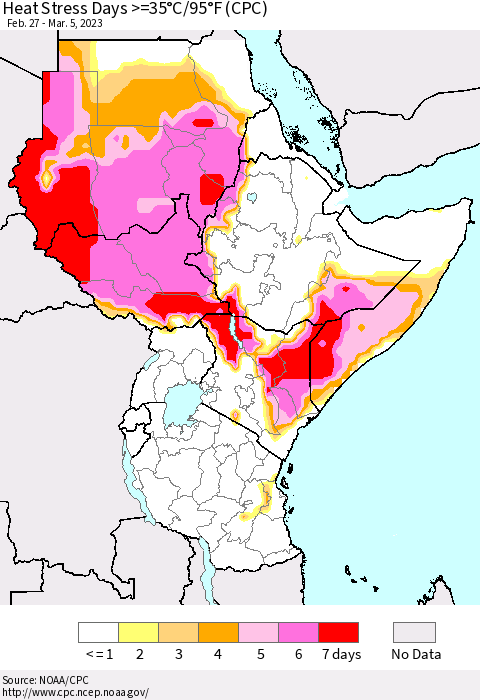 Eastern Africa Heat Stress Days >=35°C/95°F (CPC) Thematic Map For 2/27/2023 - 3/5/2023
