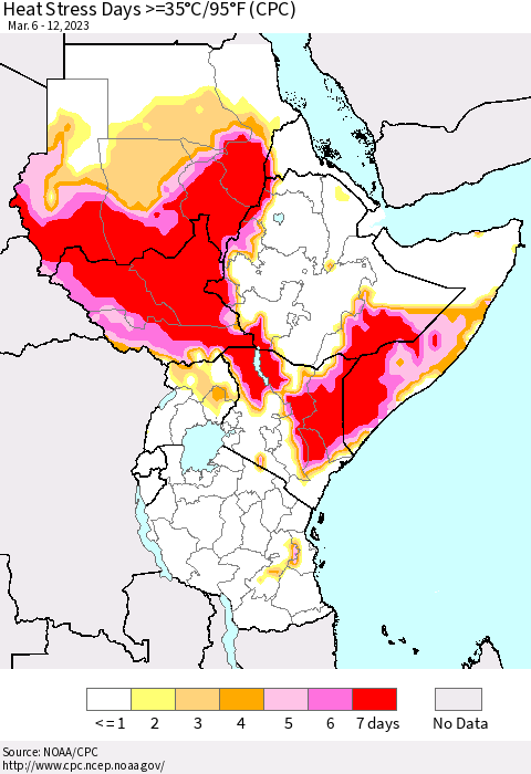 Eastern Africa Heat Stress Days >=35°C/95°F (CPC) Thematic Map For 3/6/2023 - 3/12/2023