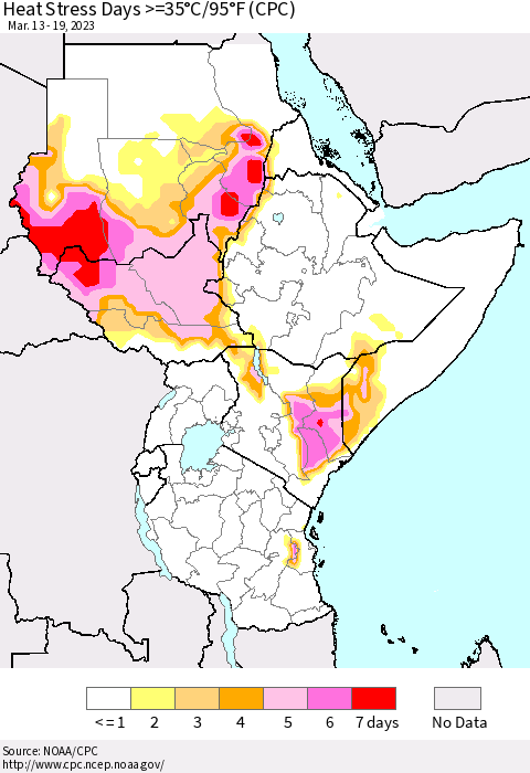 Eastern Africa Heat Stress Days >=35°C/95°F (CPC) Thematic Map For 3/13/2023 - 3/19/2023