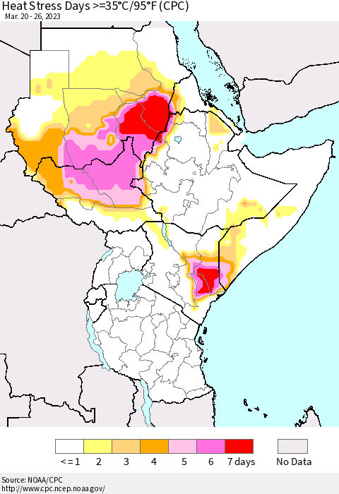 Eastern Africa Heat Stress Days >=35°C/95°F (CPC) Thematic Map For 3/20/2023 - 3/26/2023
