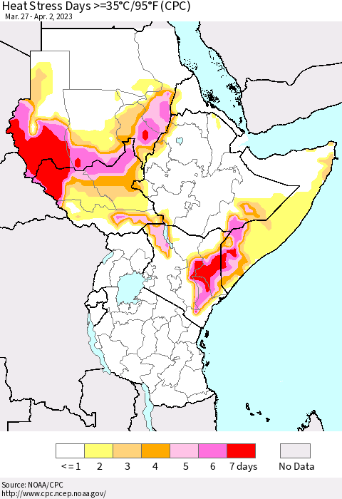 Eastern Africa Heat Stress Days >=35°C/95°F (CPC) Thematic Map For 3/27/2023 - 4/2/2023