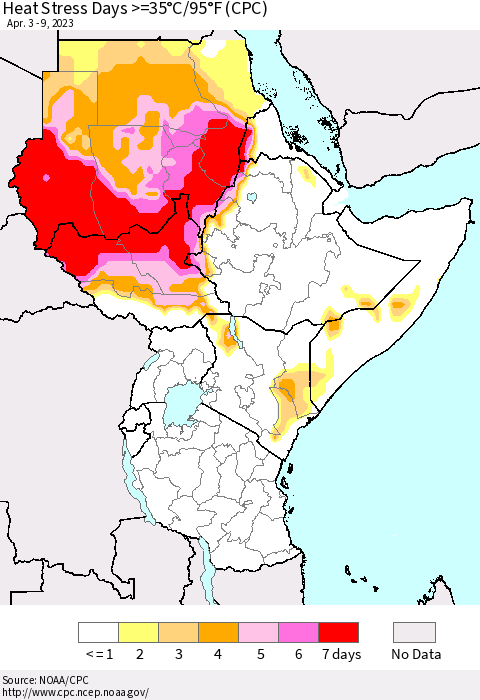 Eastern Africa Heat Stress Days >=35°C/95°F (CPC) Thematic Map For 4/3/2023 - 4/9/2023