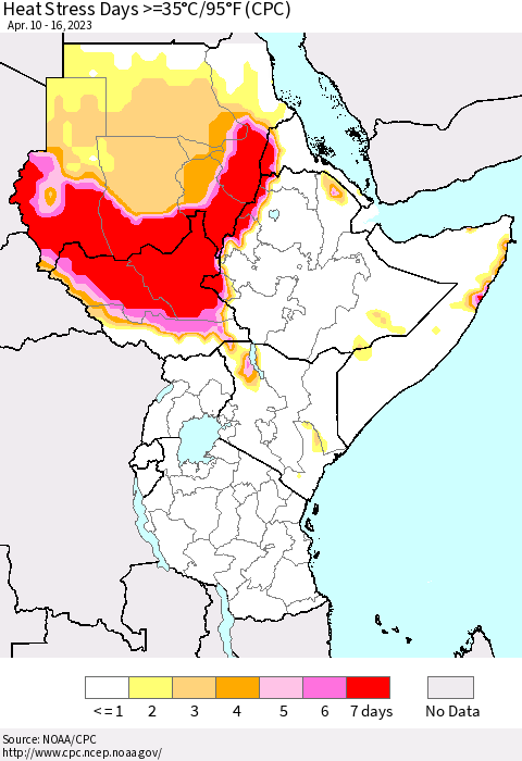 Eastern Africa Heat Stress Days >=35°C/95°F (CPC) Thematic Map For 4/10/2023 - 4/16/2023