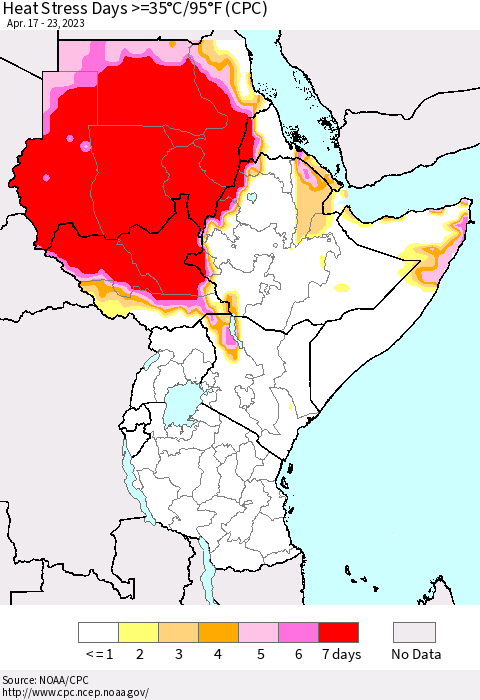 Eastern Africa Heat Stress Days >=35°C/95°F (CPC) Thematic Map For 4/17/2023 - 4/23/2023