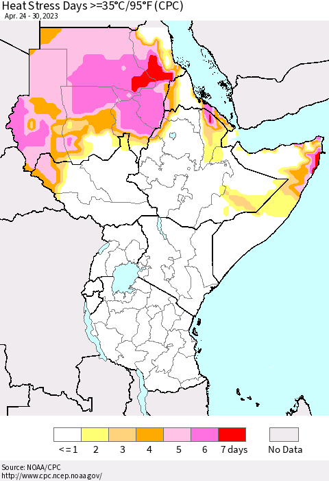 Eastern Africa Heat Stress Days >=35°C/95°F (CPC) Thematic Map For 4/24/2023 - 4/30/2023