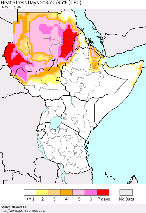Eastern Africa Heat Stress Days >=35°C/95°F (CPC) Thematic Map For 5/1/2023 - 5/7/2023