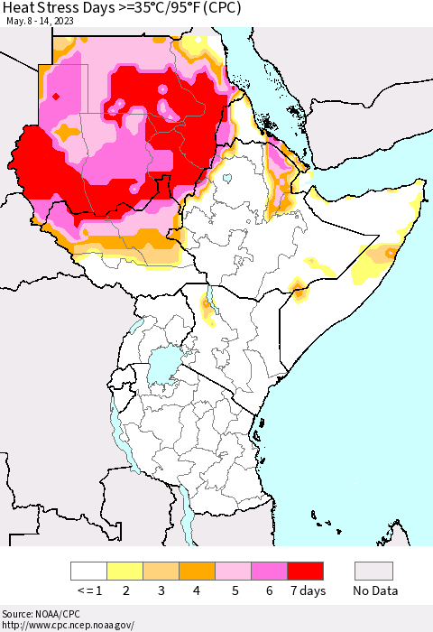 Eastern Africa Heat Stress Days >=35°C/95°F (CPC) Thematic Map For 5/8/2023 - 5/14/2023