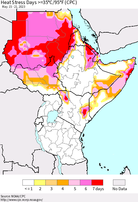 Eastern Africa Heat Stress Days >=35°C/95°F (CPC) Thematic Map For 5/15/2023 - 5/21/2023