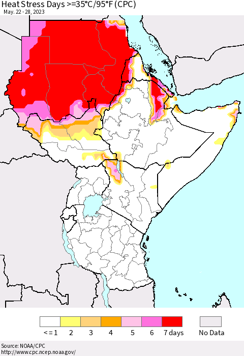 Eastern Africa Heat Stress Days >=35°C/95°F (CPC) Thematic Map For 5/22/2023 - 5/28/2023