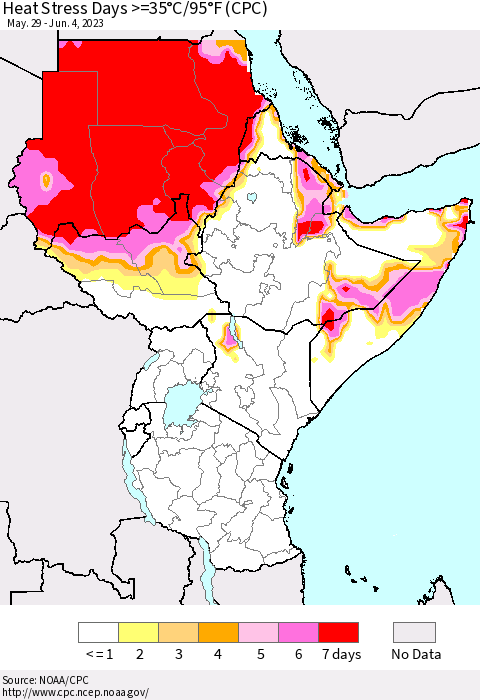 Eastern Africa Heat Stress Days >=35°C/95°F (CPC) Thematic Map For 5/29/2023 - 6/4/2023
