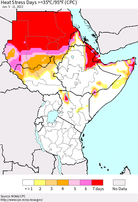 Eastern Africa Heat Stress Days >=35°C/95°F (CPC) Thematic Map For 6/5/2023 - 6/11/2023