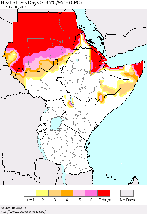 Eastern Africa Heat Stress Days >=35°C/95°F (CPC) Thematic Map For 6/12/2023 - 6/18/2023