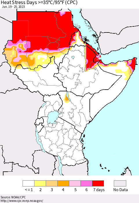 Eastern Africa Heat Stress Days >=35°C/95°F (CPC) Thematic Map For 6/19/2023 - 6/25/2023