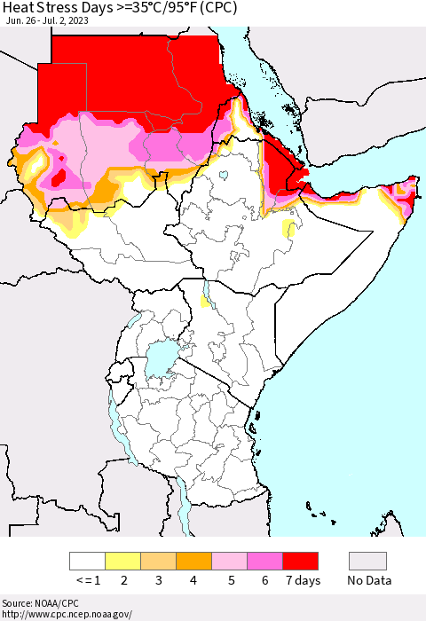 Eastern Africa Heat Stress Days >=35°C/95°F (CPC) Thematic Map For 6/26/2023 - 7/2/2023