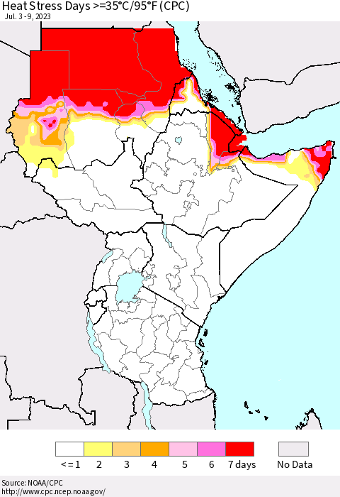 Eastern Africa Heat Stress Days >=35°C/95°F (CPC) Thematic Map For 7/3/2023 - 7/9/2023