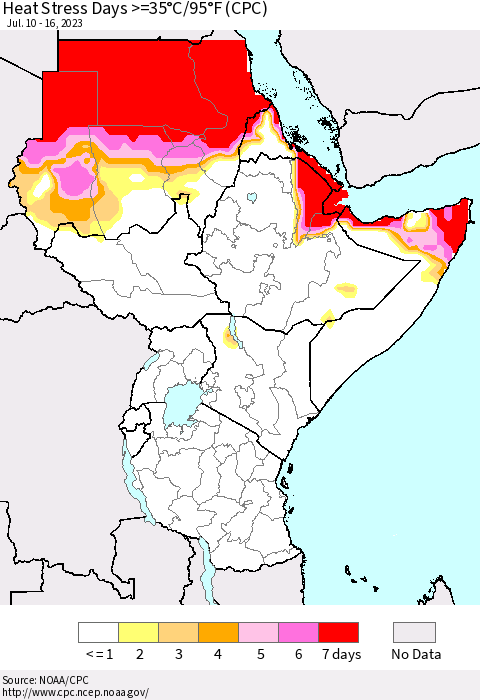 Eastern Africa Heat Stress Days >=35°C/95°F (CPC) Thematic Map For 7/10/2023 - 7/16/2023