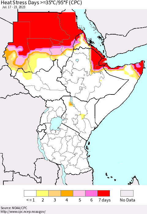 Eastern Africa Heat Stress Days >=35°C/95°F (CPC) Thematic Map For 7/17/2023 - 7/23/2023