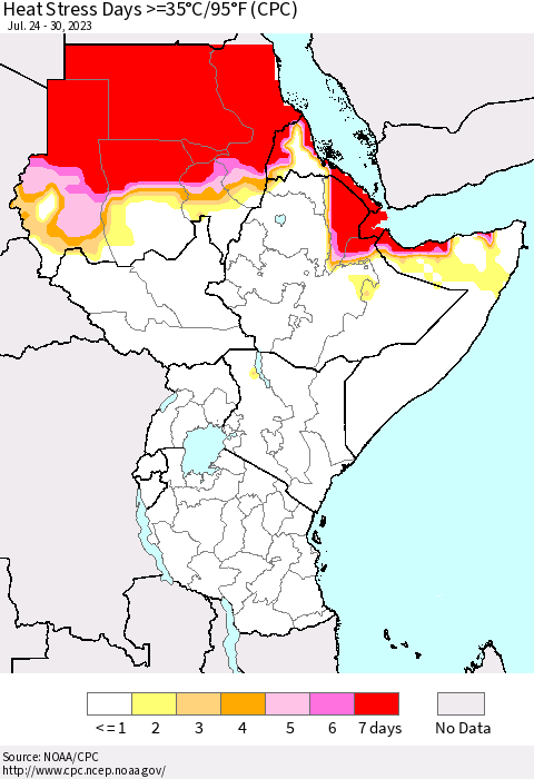 Eastern Africa Heat Stress Days >=35°C/95°F (CPC) Thematic Map For 7/24/2023 - 7/30/2023