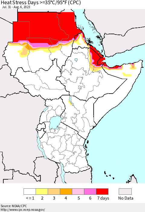 Eastern Africa Heat Stress Days >=35°C/95°F (CPC) Thematic Map For 7/31/2023 - 8/6/2023