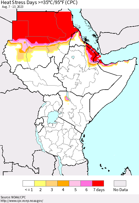 Eastern Africa Heat Stress Days >=35°C/95°F (CPC) Thematic Map For 8/7/2023 - 8/13/2023