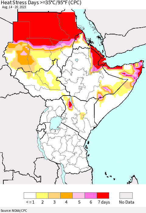 Eastern Africa Heat Stress Days >=35°C/95°F (CPC) Thematic Map For 8/14/2023 - 8/20/2023