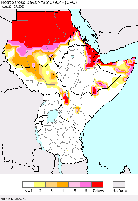 Eastern Africa Heat Stress Days >=35°C/95°F (CPC) Thematic Map For 8/21/2023 - 8/27/2023