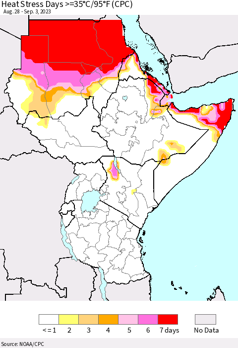 Eastern Africa Heat Stress Days >=35°C/95°F (CPC) Thematic Map For 8/28/2023 - 9/3/2023