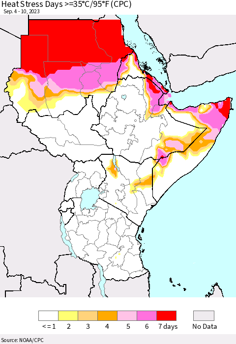 Eastern Africa Heat Stress Days >=35°C/95°F (CPC) Thematic Map For 9/4/2023 - 9/10/2023