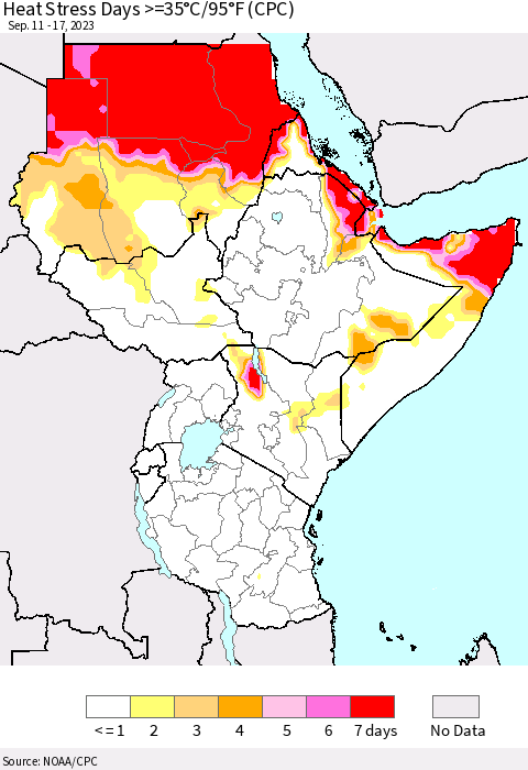 Eastern Africa Heat Stress Days >=35°C/95°F (CPC) Thematic Map For 9/11/2023 - 9/17/2023