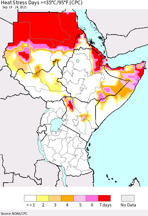 Eastern Africa Heat Stress Days >=35°C/95°F (CPC) Thematic Map For 9/18/2023 - 9/24/2023
