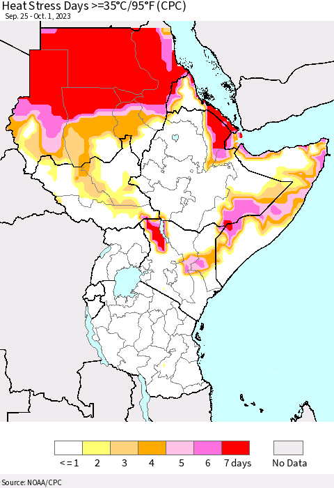 Eastern Africa Heat Stress Days >=35°C/95°F (CPC) Thematic Map For 9/25/2023 - 10/1/2023